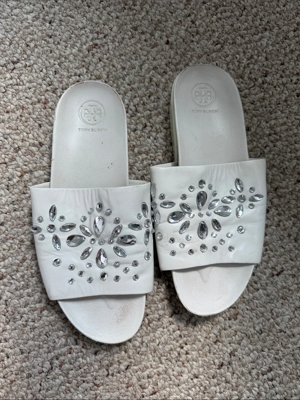 Tory Burch White Jeweled Slide Mules